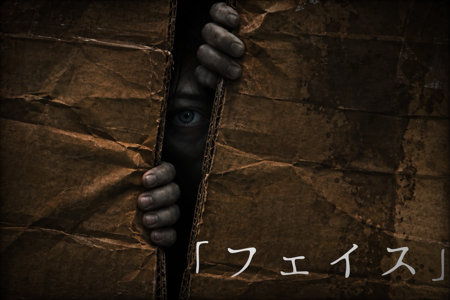 段ボールの隙間から目と手がのぞく『フェイス』の作品画像